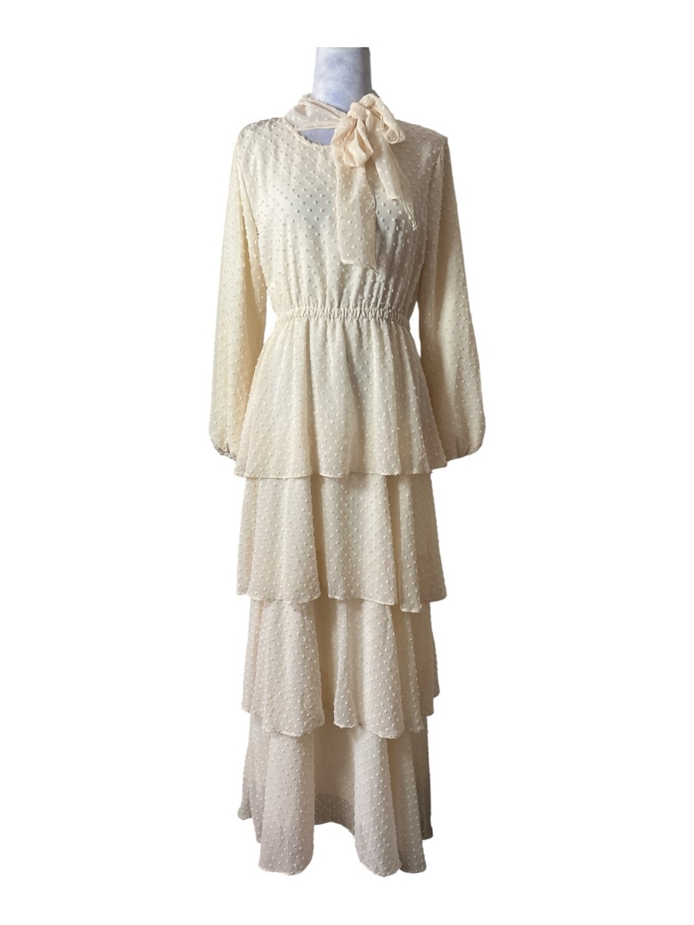 Niswa modest Ivory Tiered Chiffon Maxi Dress with attacked neck tie sz S